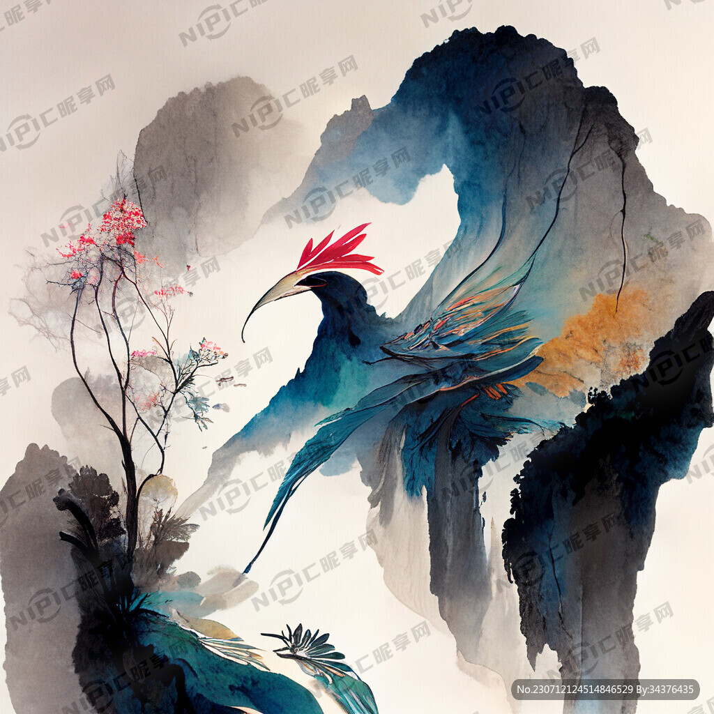 双凤插画 中式古典 色彩明亮