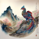 双凤插画，中式古典，色彩明亮，层次分明