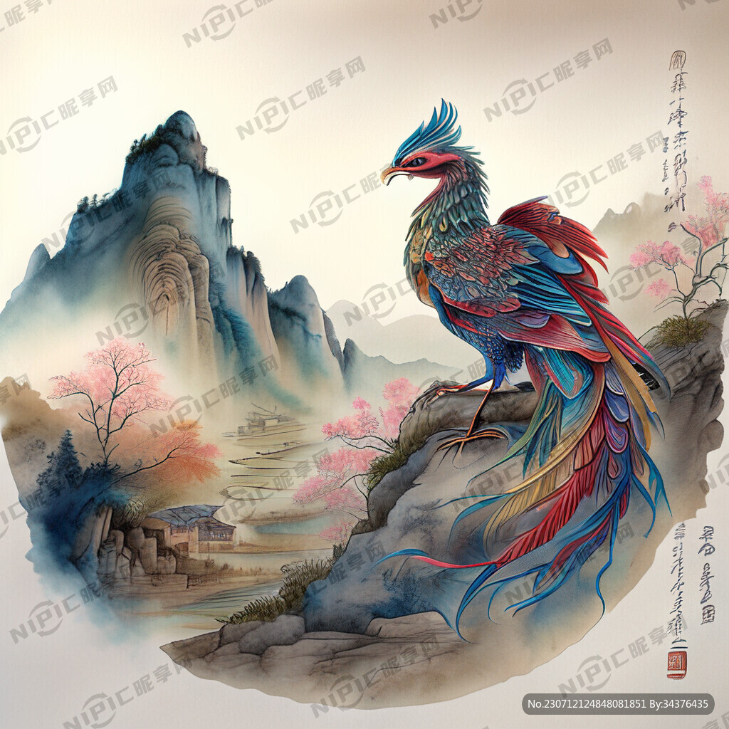 双凤插画 中式古典 色彩明亮