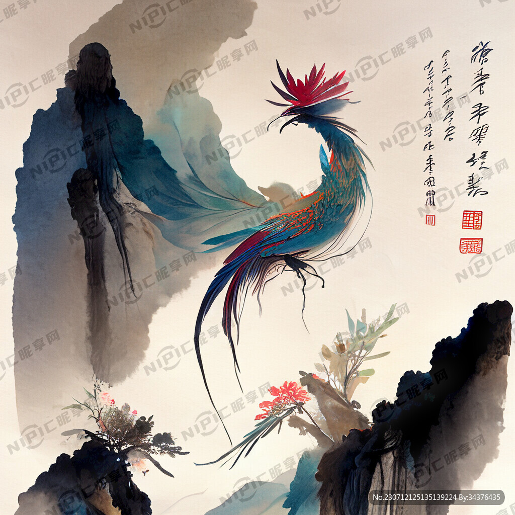 双凤插画 中式古典 色彩明亮
