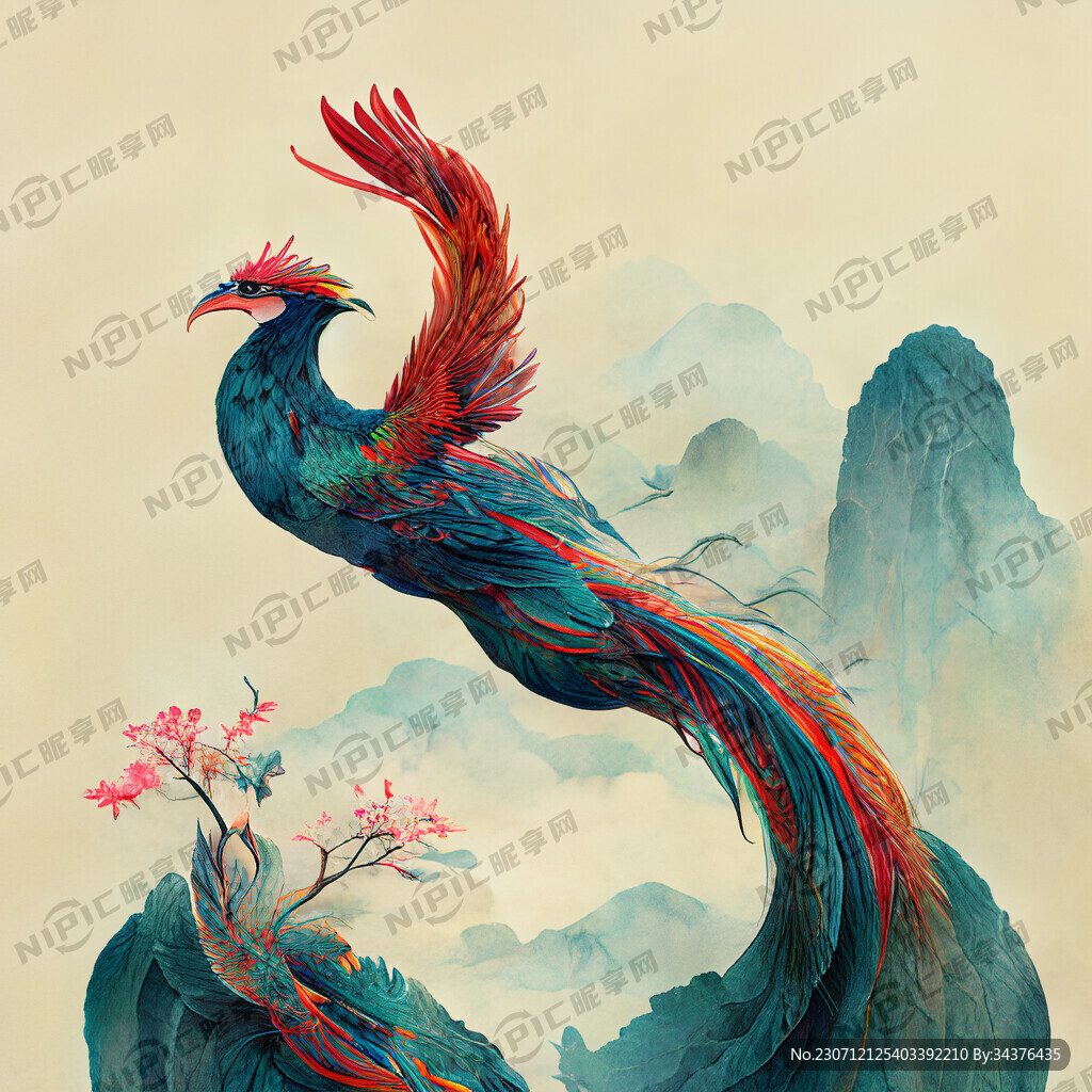 双凤插画 中式古典 色彩明亮