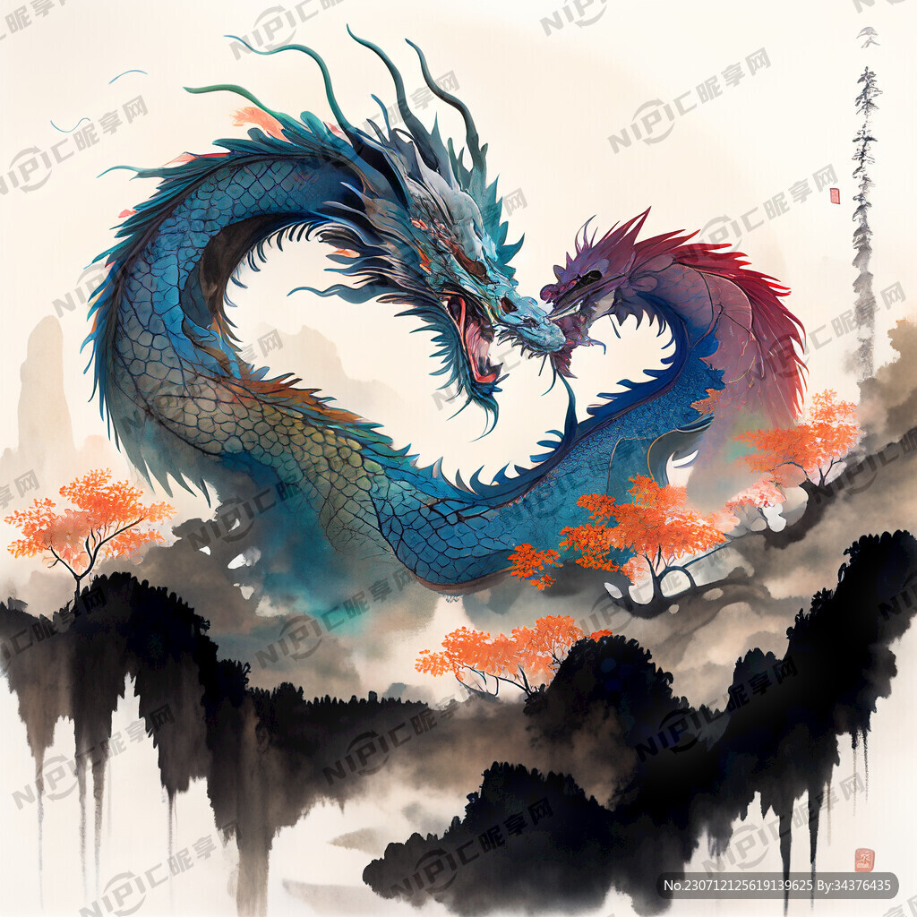 双龙插画 中式古典 色彩明亮