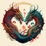 双龙插画，中式古典，色彩明亮，层次分明