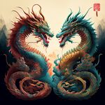 双龙插画，中式古典，色彩明亮，层次分明