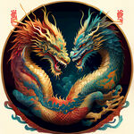 双龙插画，中式古典，色彩明亮，层次分明
