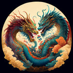 双龙插画，中式古典，色彩明亮，层次分明