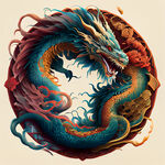 双龙插画，中式古典，色彩明亮，层次分明