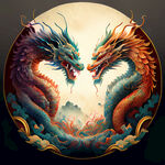 双龙插画，中式古典，色彩明亮，层次分明