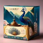 云南普洱茶饼包装，孔雀，色彩明快，层次分明