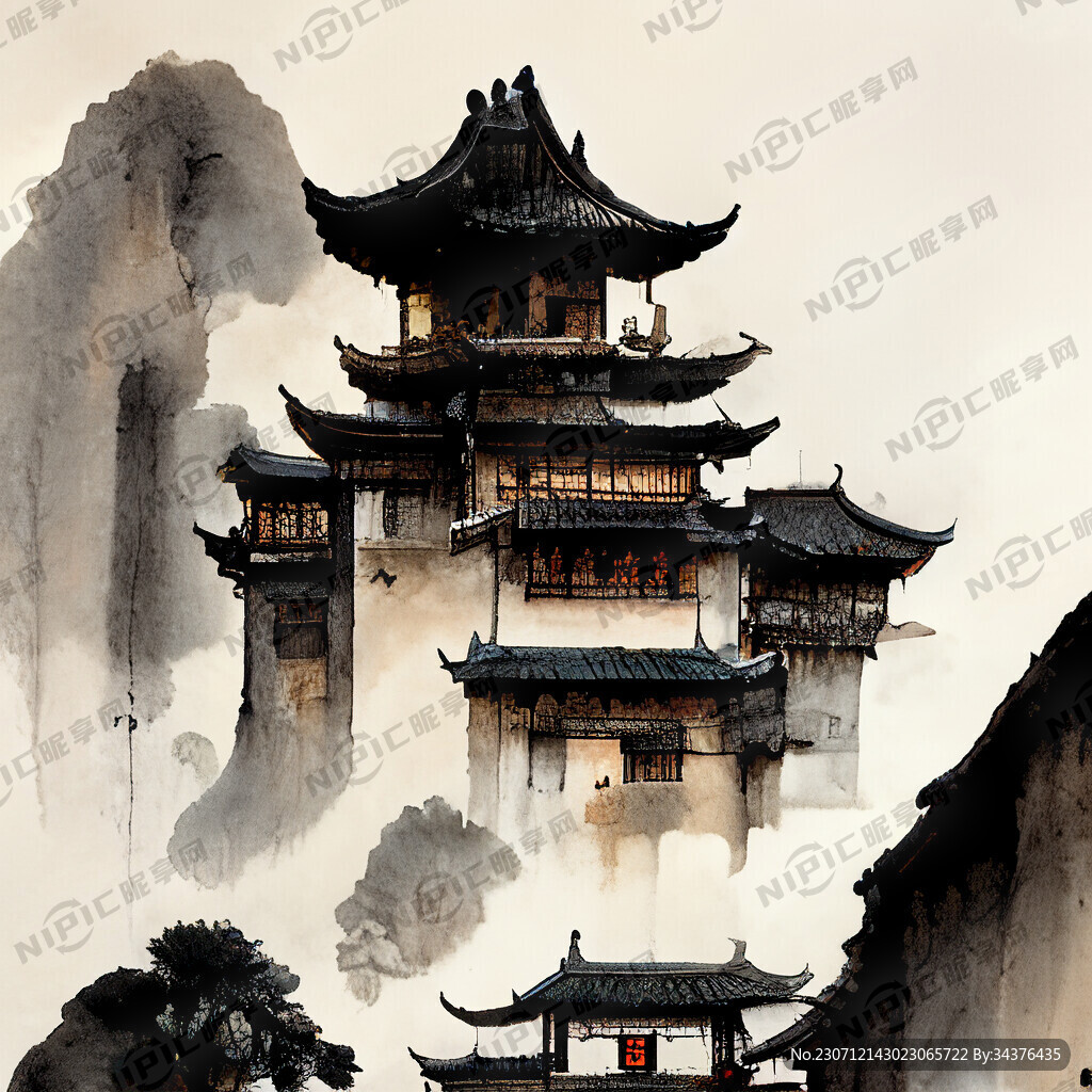 云南昆明古风建筑插画 古典