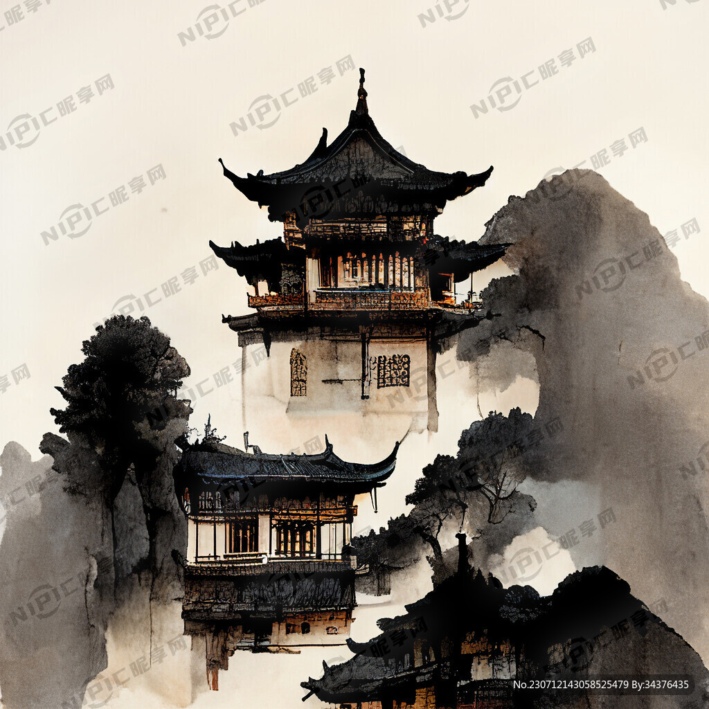 云南昆明古风建筑插画 古典