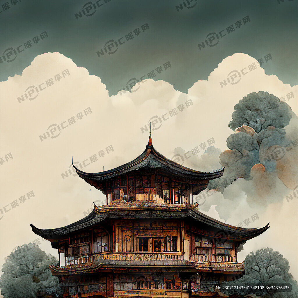 云南昆明古风建筑插画 古典