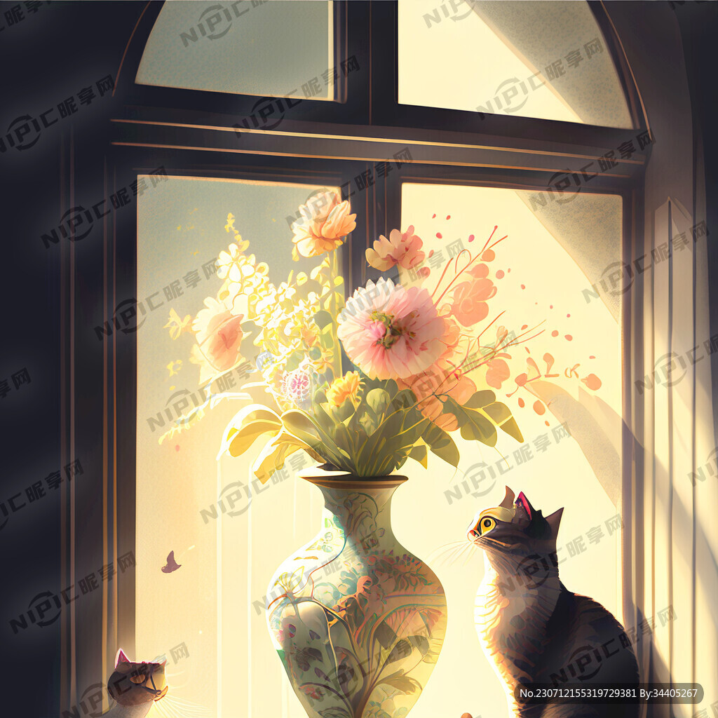窗边微微阳光复古花瓶插着莫兰迪