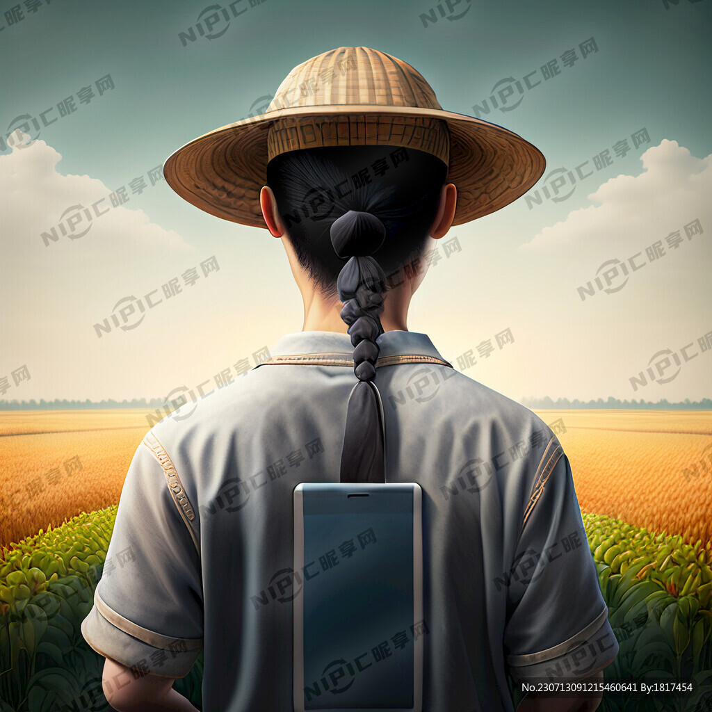 年轻农民背面 手里拿着平板电脑