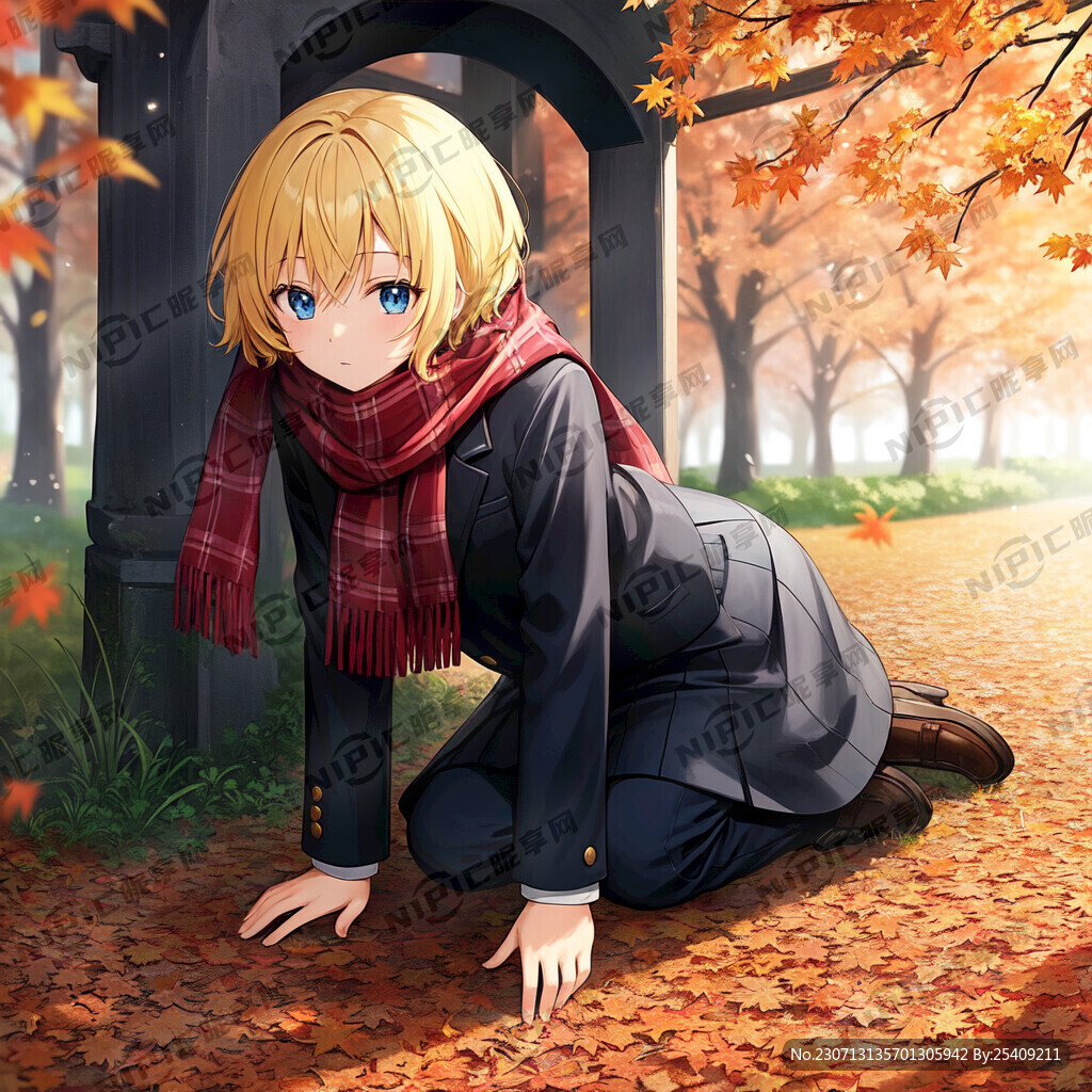 少女 制服 秋天 落叶 全身