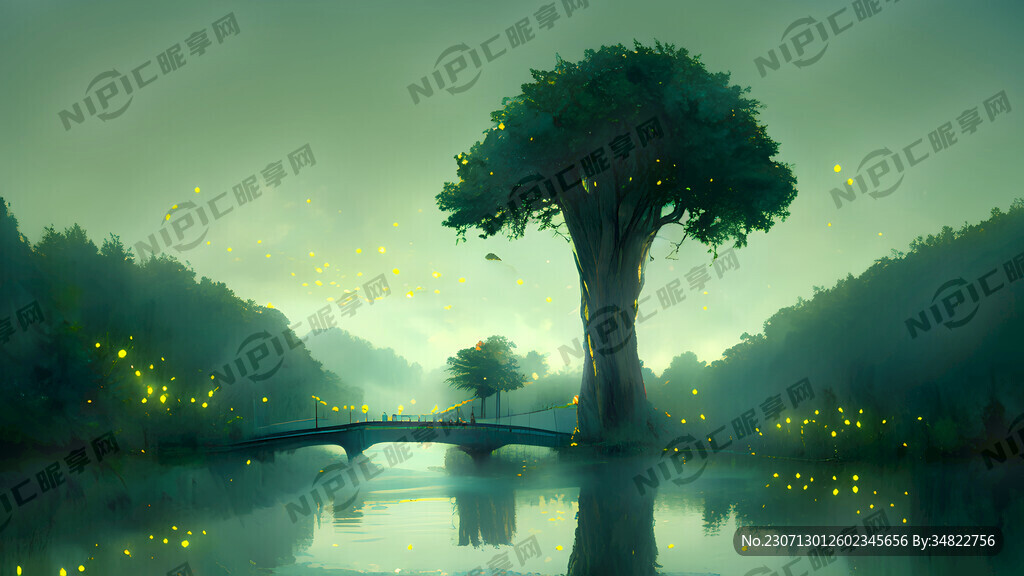 湖水 桥 萤火虫 巨树
