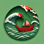 制作绿色背景加上卓字结合潮汕红头船乘风破浪元素杯垫
