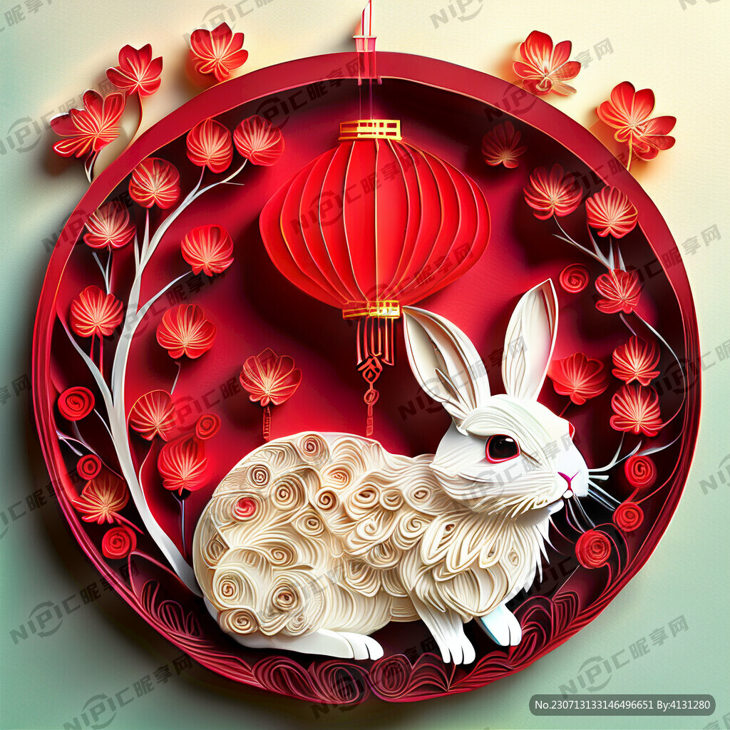 衍纸艺术 春节 可爱兔子 红梅