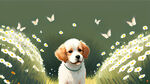 小狗,小公园,蝴蝶,小路草丛,白色小菊花