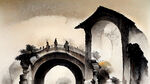 石拱桥，中式水墨画，工笔，正侧面，大面积留白