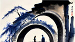 青花瓷风格，一男一女正侧面，在一座石拱桥上面对面相遇