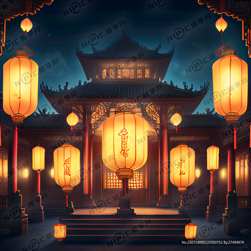 宫殿夜晚灯笼祈福孔明灯广阔的视