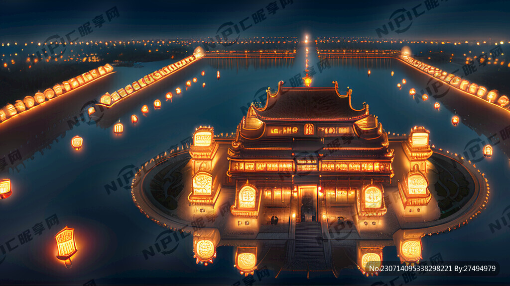 宫殿夜晚孔明灯祈福鸟瞰广阔的视