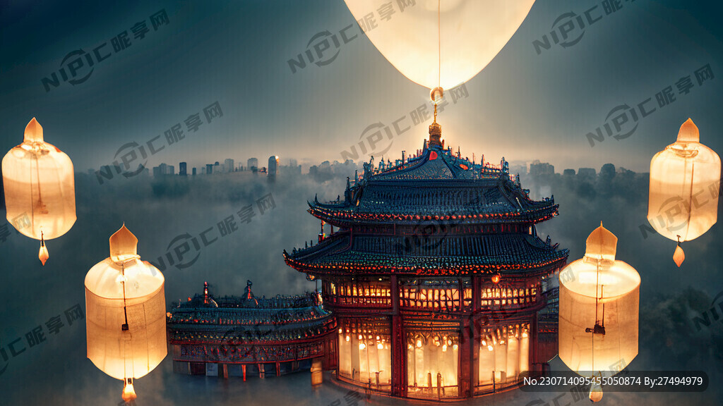 宫殿许愿灯祈福鸟瞰超写实风对称