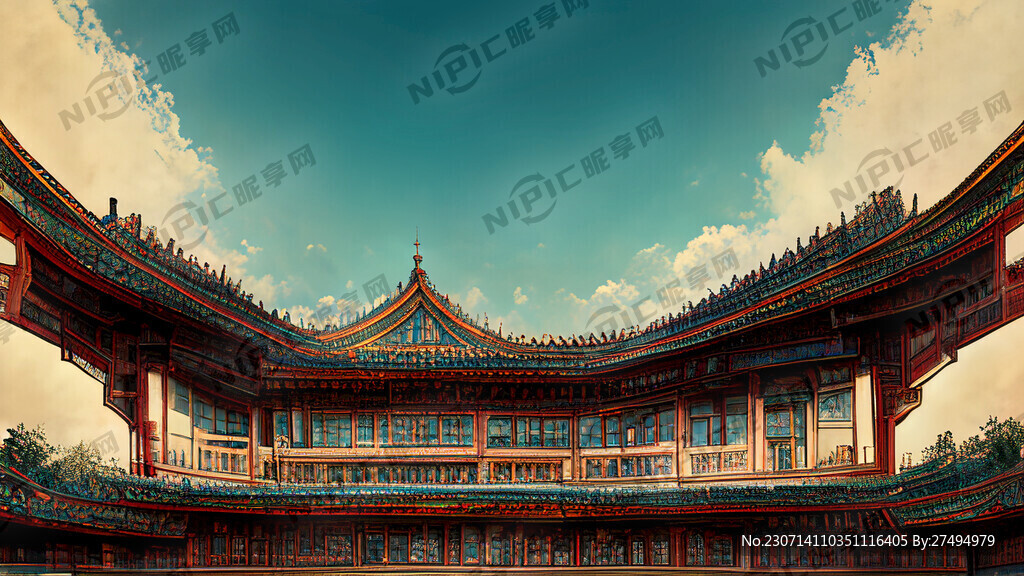 复古宫殿建筑超写实风对称构图中