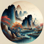 福，禄，寿，禧，财，中国传统文化，色彩明亮，手绘插画