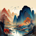 福，禄，寿，禧，财，中国传统文化，色彩明亮，手绘插画