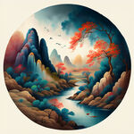 福，禄，寿，禧，财，中国传统文化，色彩明亮，手绘插画