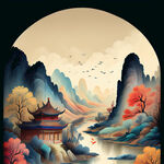 福，禄，寿，喜，财，中国传统，色彩明亮，手绘插画