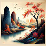 福，禄，寿，喜，财，中国传统，色彩明亮，手绘插画