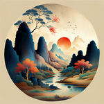 福，禄，寿，喜，财，中国传统，色彩明亮，手绘插画