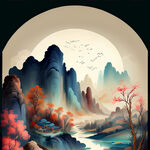 福，禄，寿，喜，财，中国古风，色彩明亮，手绘插画