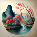 福，禄，寿，喜，财，中国古风，色彩明亮，手绘插画