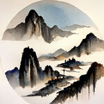 中国古风山水，色彩明亮，古朴