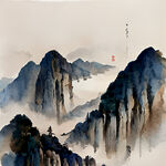 中国古风山水，色彩明亮，古朴，手绘插画