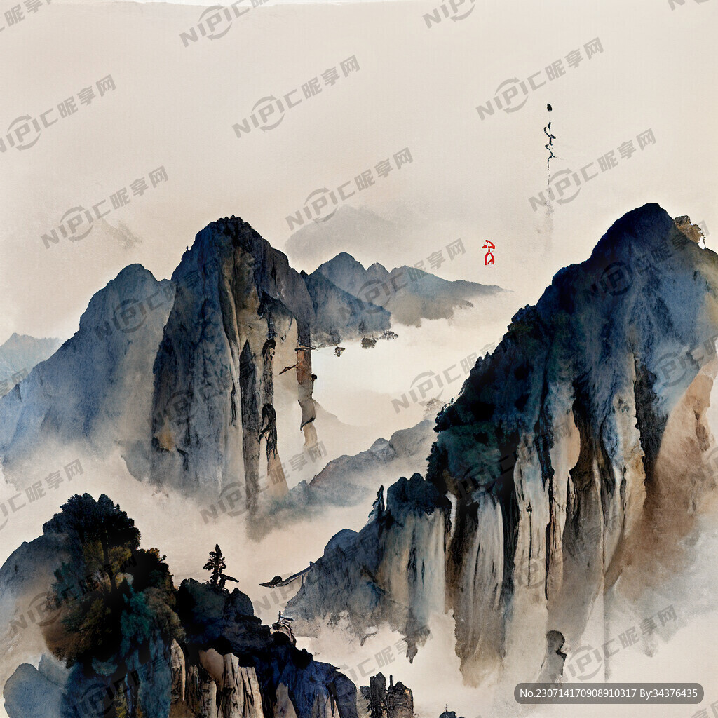 中国古风山水 色彩明亮 古朴