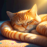 一只躺在软软的垫子上睡觉的橘猫，身体浑圆，眯着眼睛，阳光洒在身上，