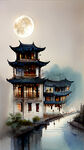 江南小镇，夜景，联排古建筑群，月亮，中国风