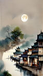 江南小镇，夜景，村落，月亮，中国风