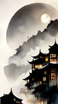小镇，夜景，村落，月亮，中国风