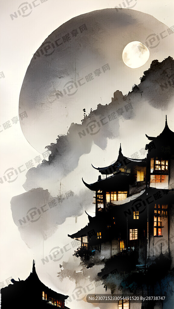 小镇 夜景 村落 月亮 中国风