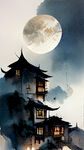 小镇，夜景，村落，明月，中国风
