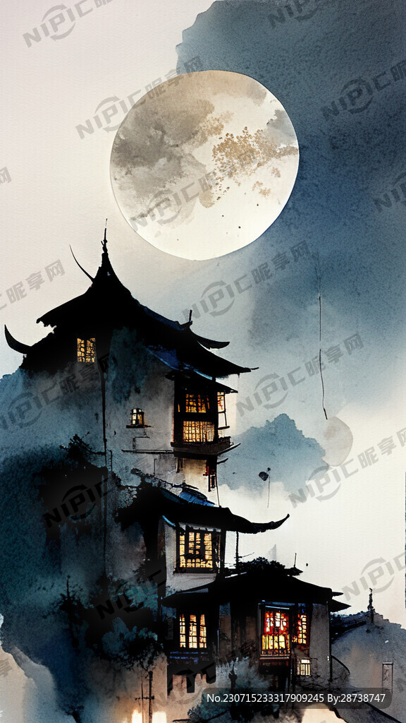 小镇 夜景 村落 明月 中国风
