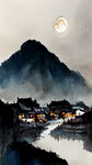 小镇，唯美夜景，村落，河流，明月，星光，写实中国风