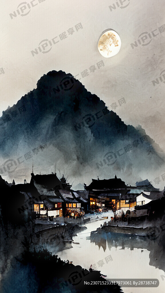 小镇 唯美夜景 村落 河流