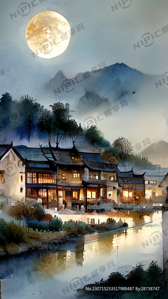 小镇 唯美夜景 村落 河流